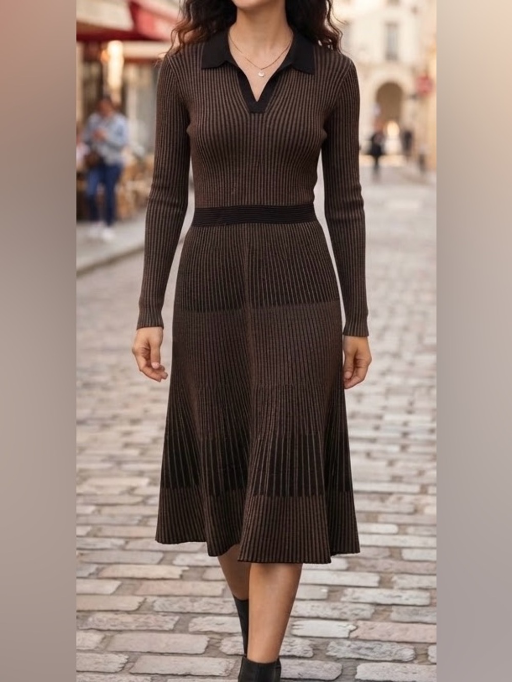 Sandra Darren Brown Black Striped Ribbed Knit Polo Midi Sweater Dress Sz XL